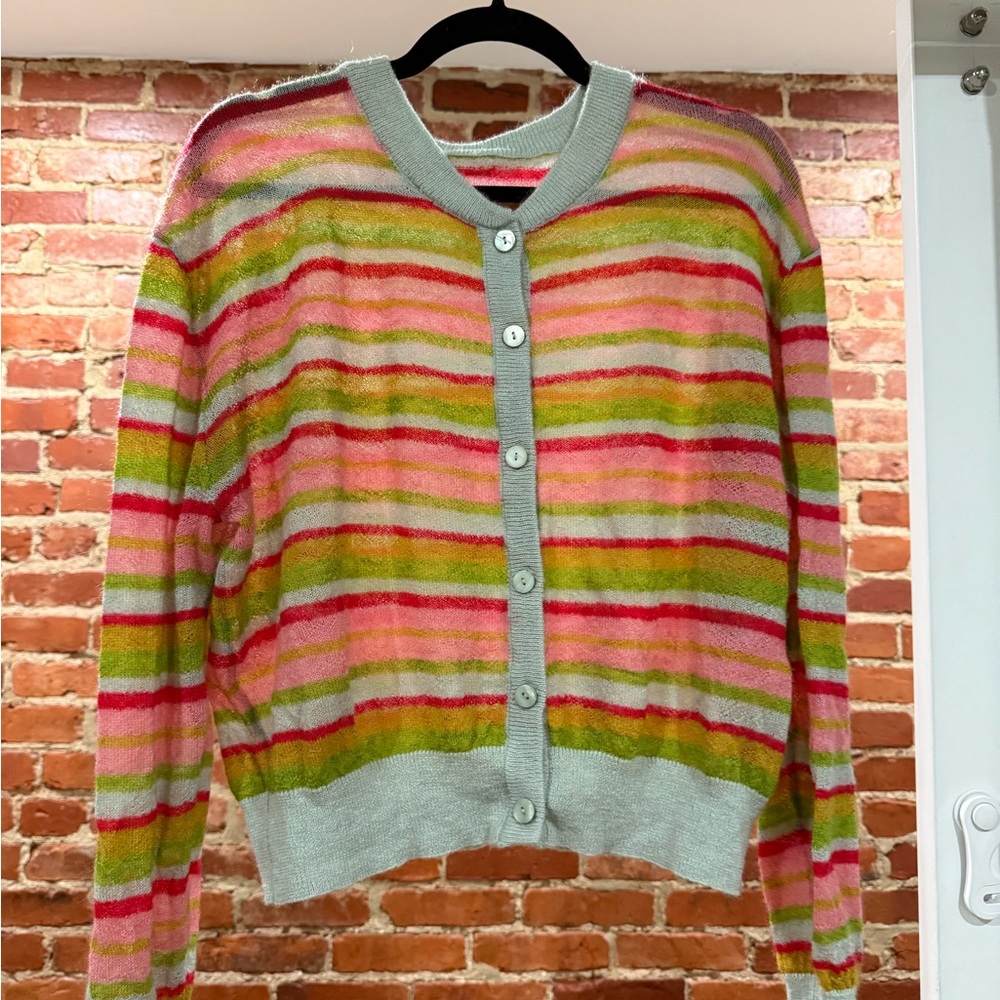 Daily Drills Striped Button-Front Women’s Cardigan Sweater - Pink & Green